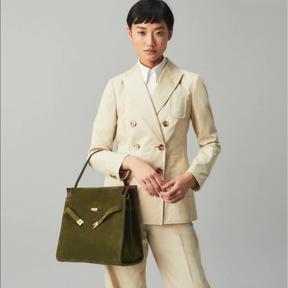 Tory Burch Large Lee Radziwill Olive Green Suede Satchel with Burgundy Trim - Picture 6 of 12